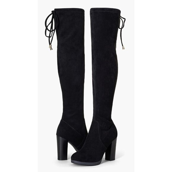 Women's Black-imitation Grain Suede Thigh High Over The Knee Rounded Toe Boot - Picture 5 of 6
